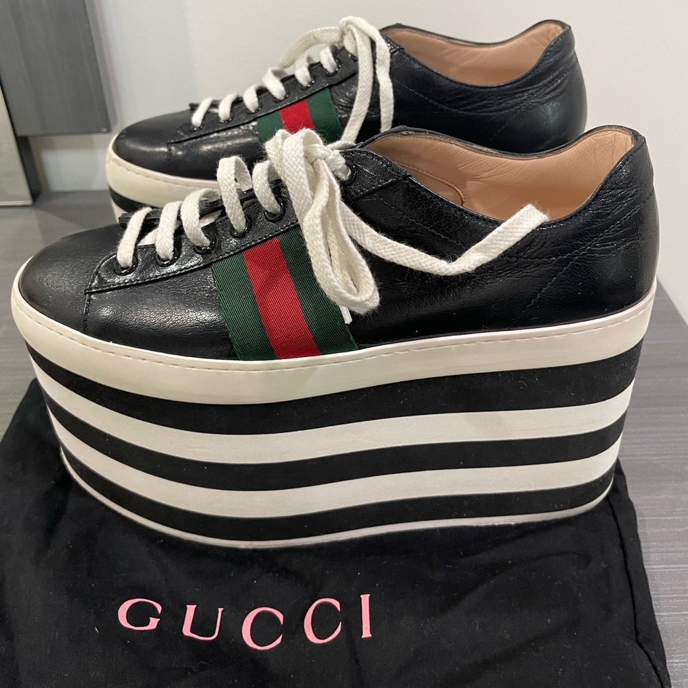 Gucci Shoes | Leather Peggy Wedge Platform Sneakers - Picture 7 of 10